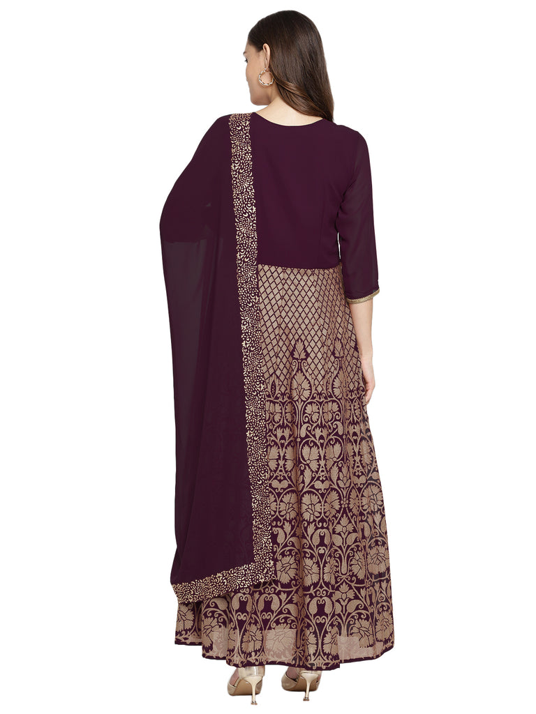 Women's Wine Georgette Gold Foil Print Flared Kurta With Dupatt