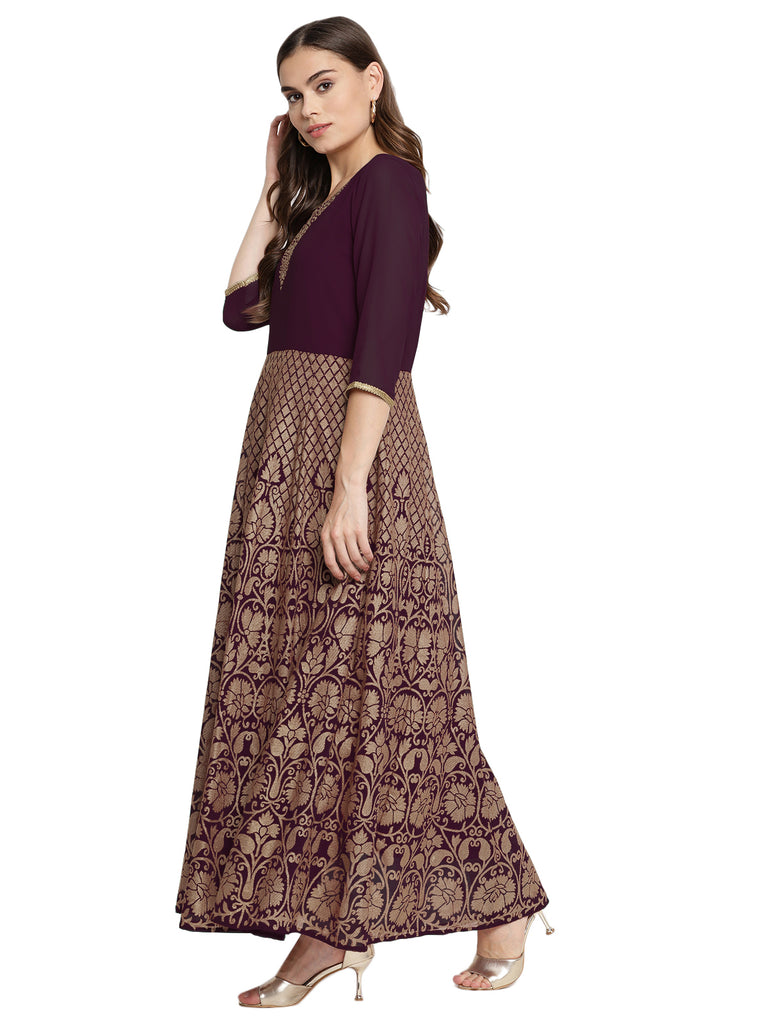 Women's Wine Georgette Gold Foil Print Flared Kurta With Dupatt