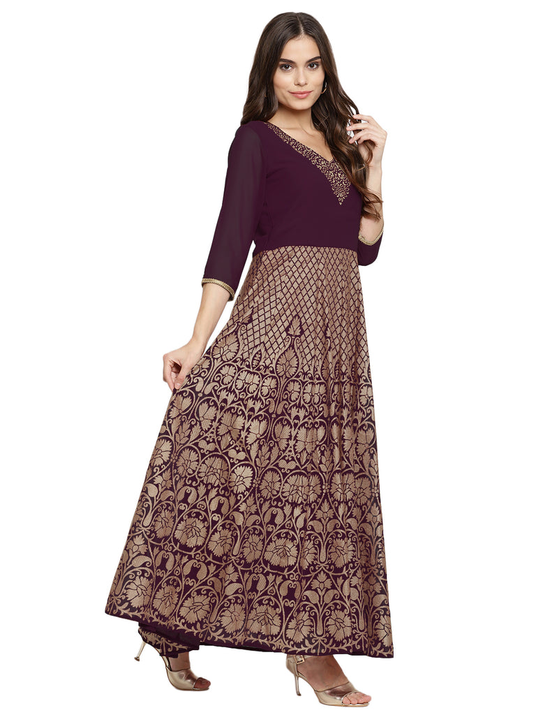 Women's Wine Georgette Gold Foil Print Flared Kurta With Dupatt