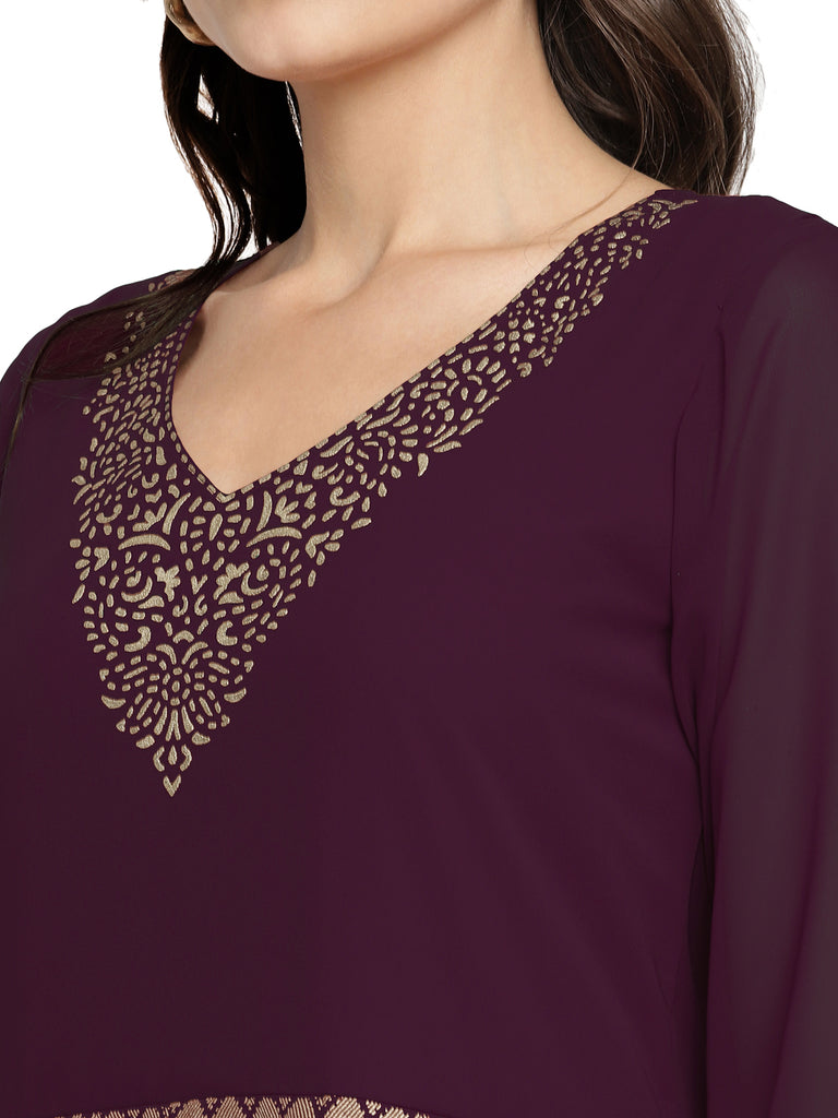 Women's Wine Georgette Gold Foil Print Flared Kurta With Dupatt