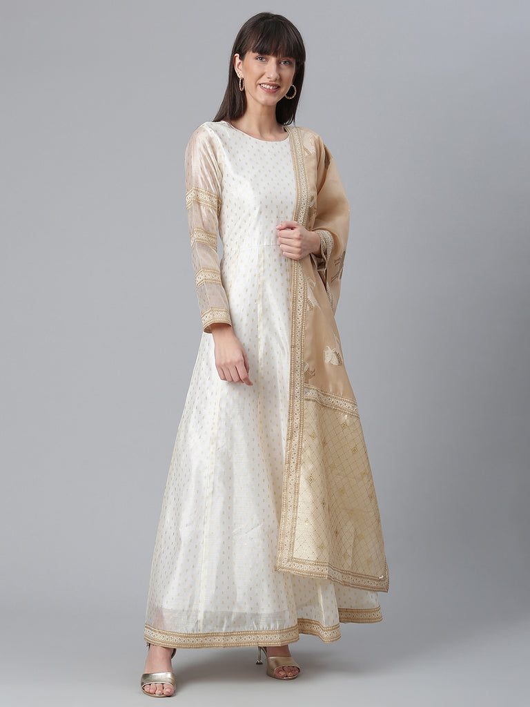 Women's  Cream Anarkali Kurta With Dupatta
