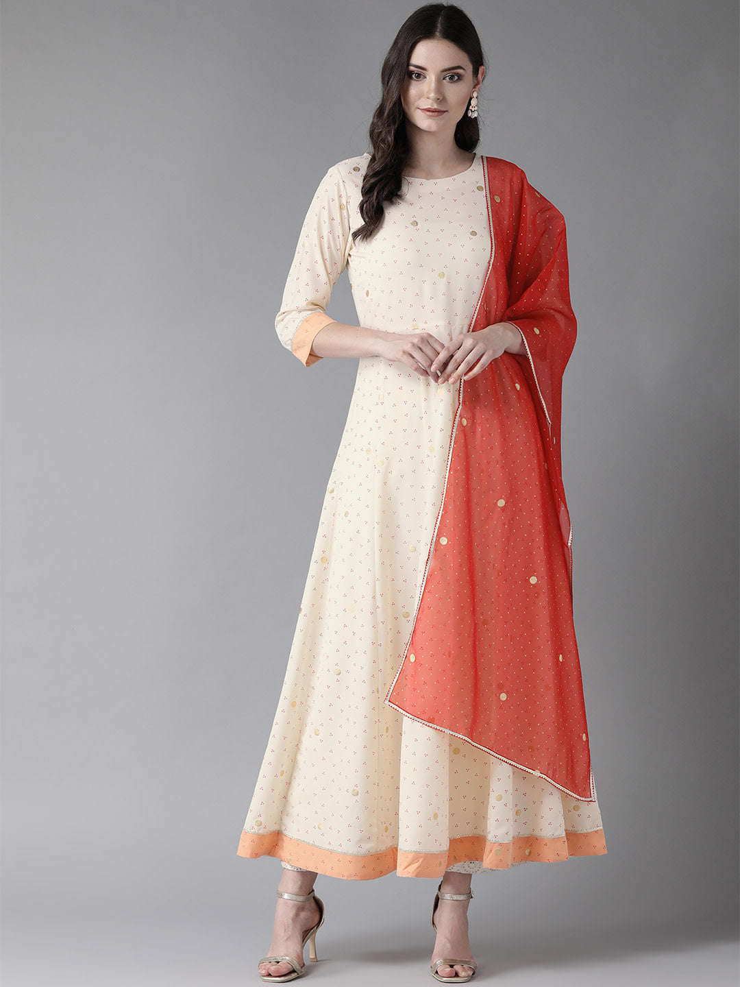 Women's S Cream Kurta With Dupatta Set