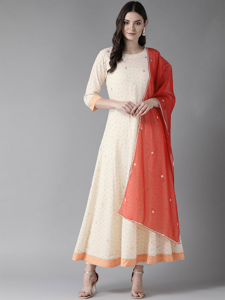 Women's S Cream Kurta With Dupatta Set