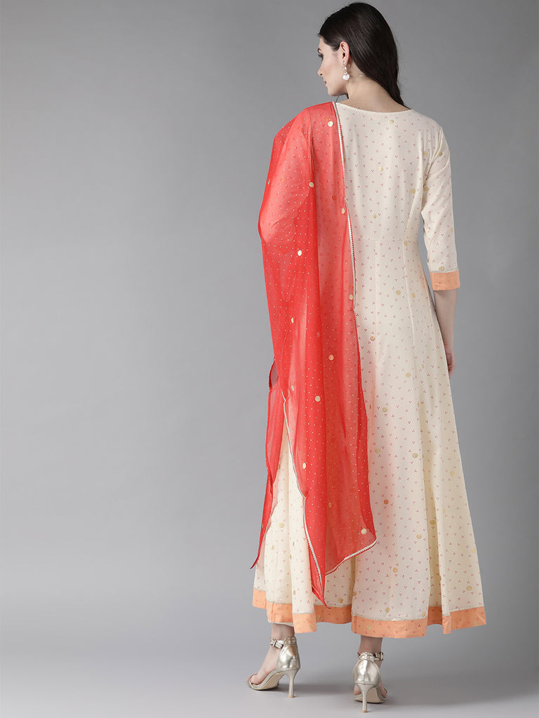 Women's S Cream Kurta With Dupatta Set