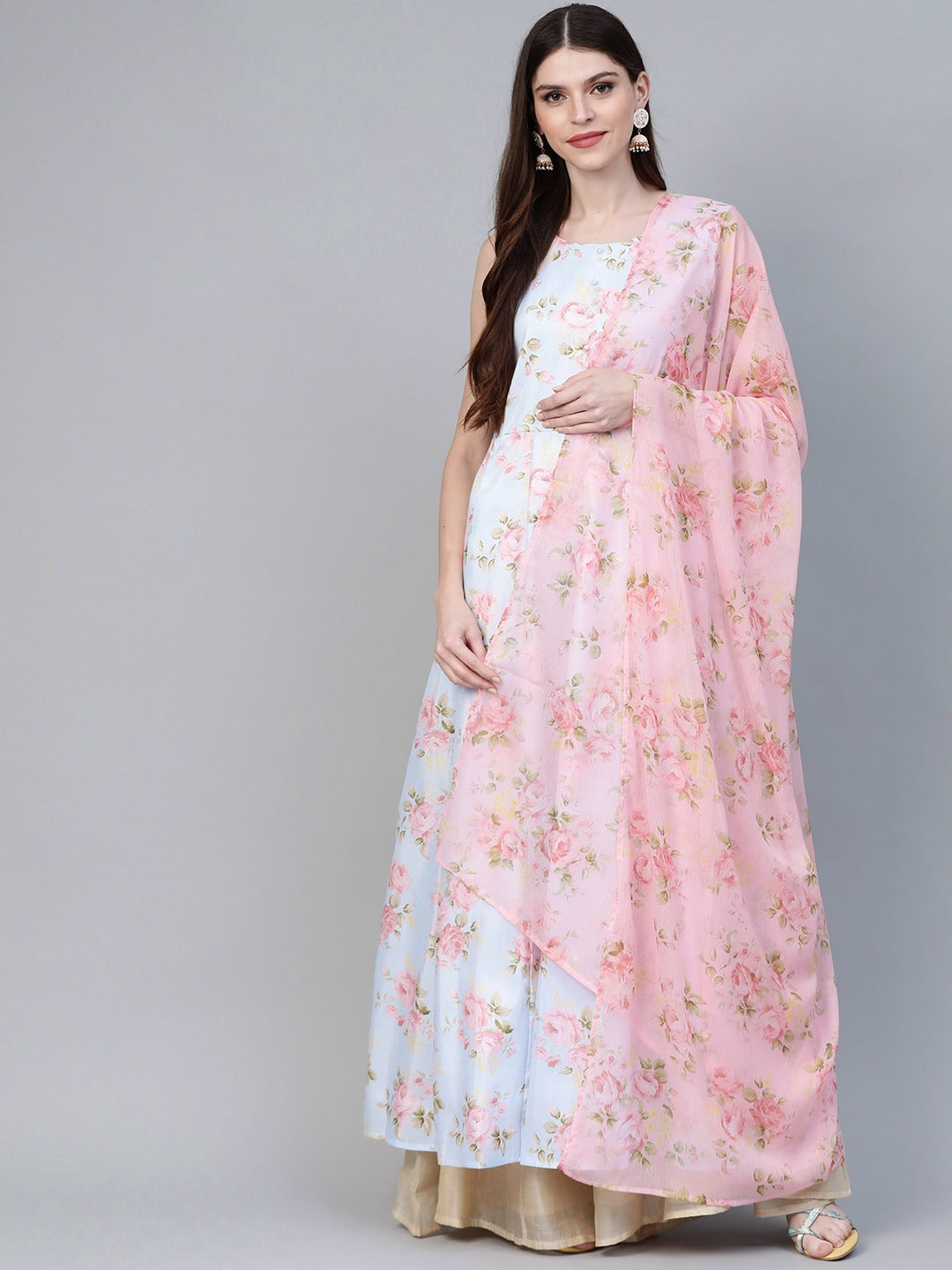 Women's  Blue & Pink Floral Printed Anarkali Kurta With Dupatta - Ahalyaa
