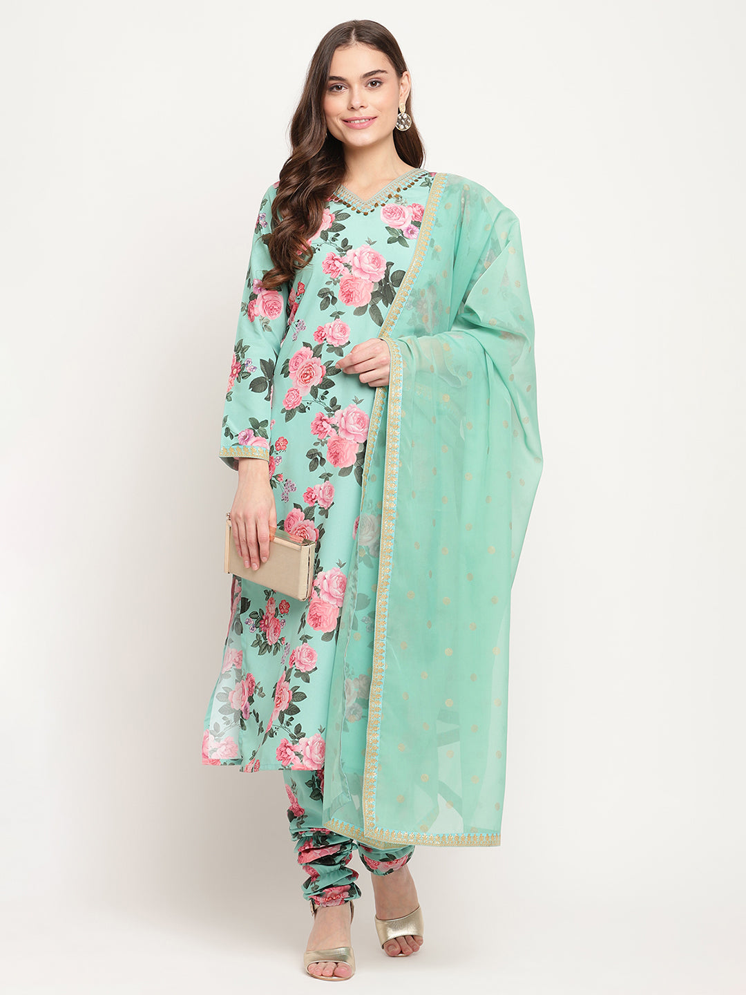Women's Green Floral Printed Regular Kurta Churidar Set & With Dupatta- Ahalyaa