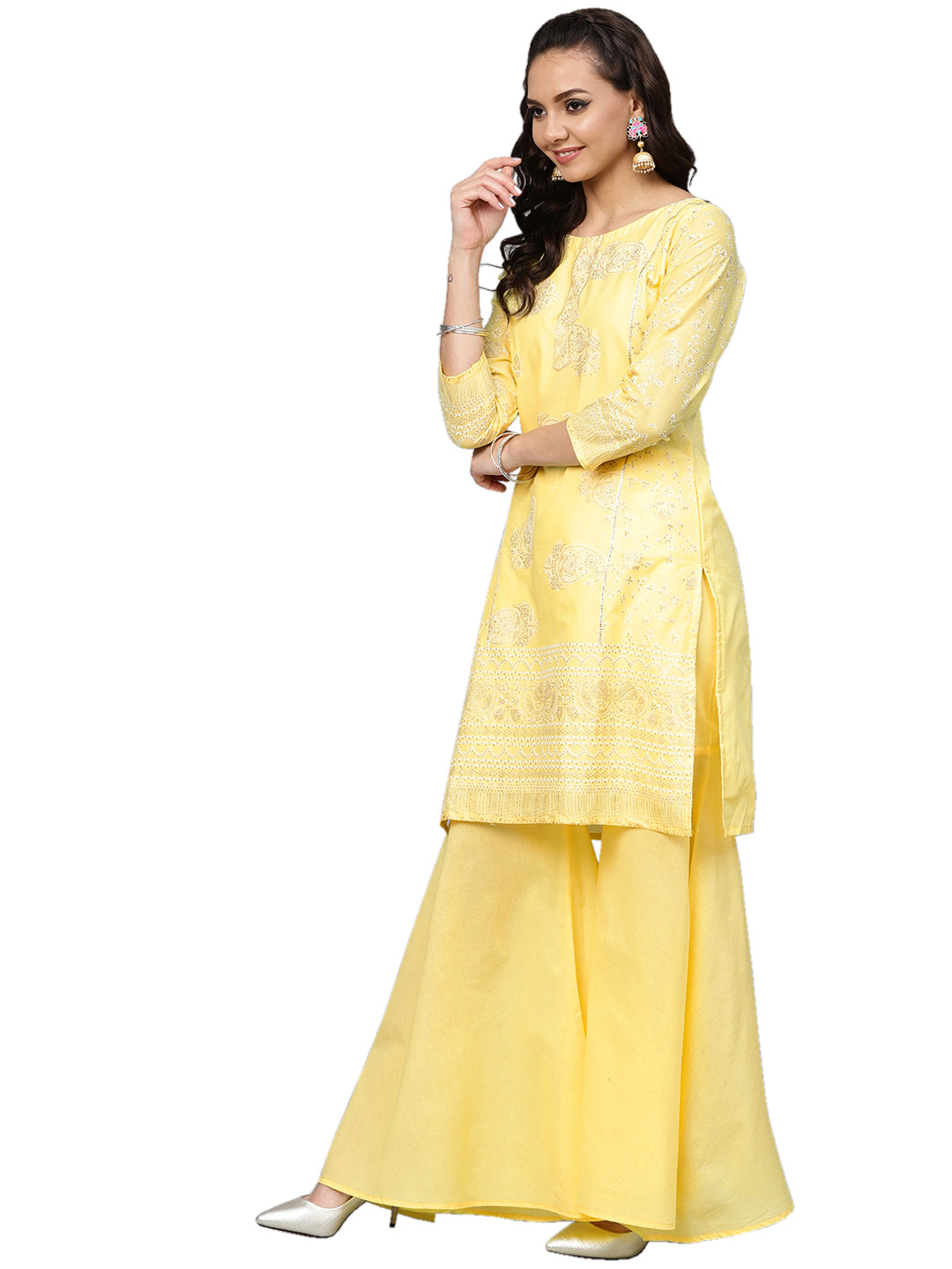 Women's Cotton Blend Yellow Glitter Print Kurta Sharara Set With Dupatta- Ahalyaa