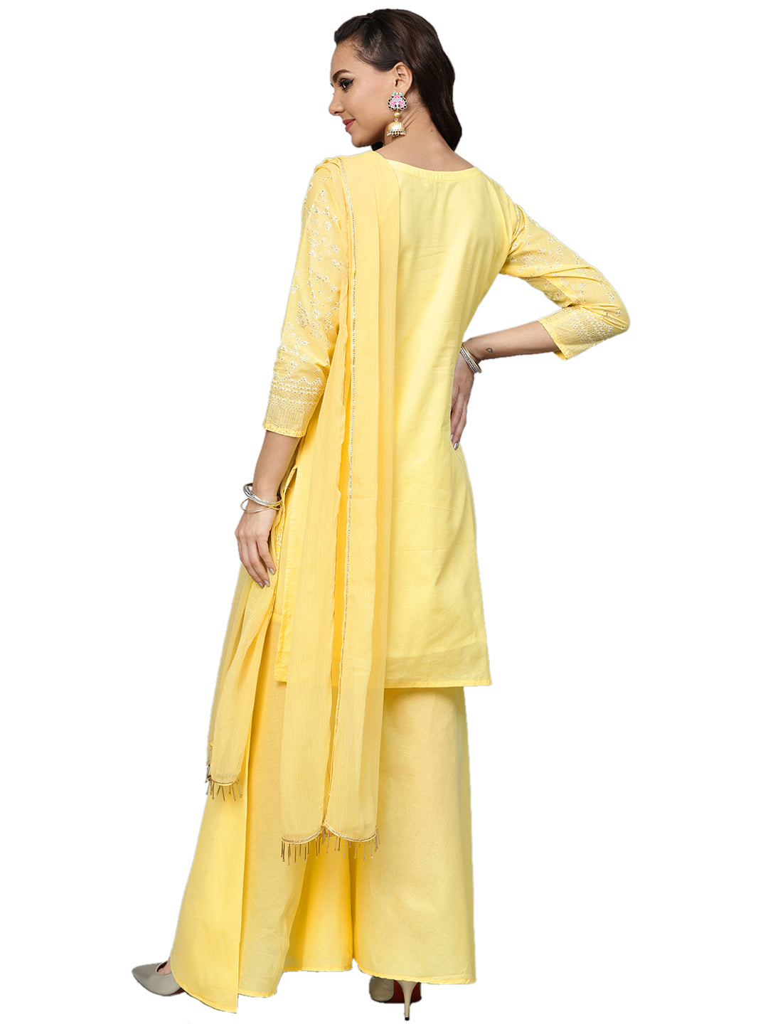 Women's Cotton Blend Yellow Glitter Print Kurta Sharara Set With Dupatta- Ahalyaa