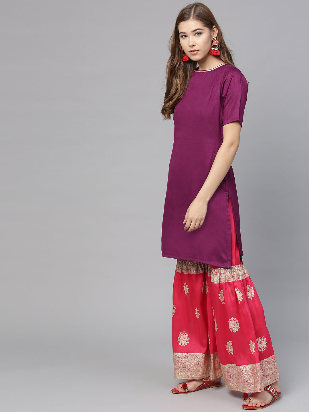 Women's Purple Poly Silk Solid Kurta And Red Printed Sharara With Dupatta- Ahalyaa
