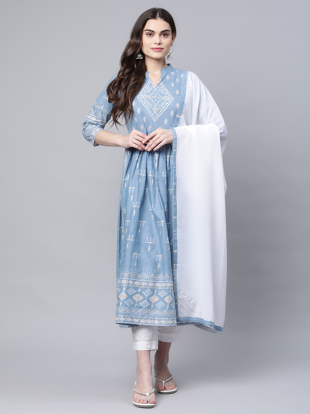 Women's Pastel Blue Printed Kurta Pant Set With Dupatta - Ahalyaa