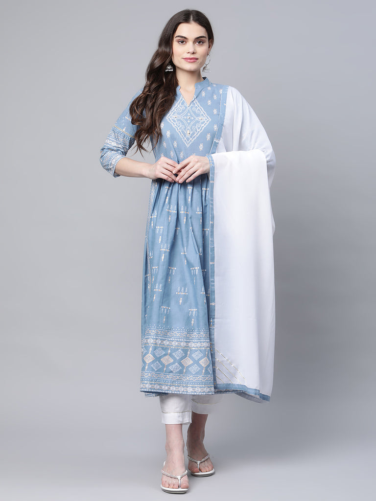 Women's Pastel Blue Printed Kurta Pant Set With Dupatta