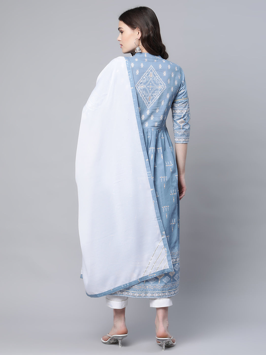 Women's Pastel Blue Printed Kurta Pant Set With Dupatta - Ahalyaa