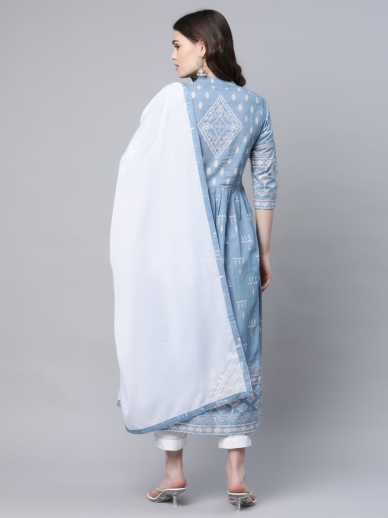 Women's Pastel Blue Printed Kurta Pant Set With Dupatta