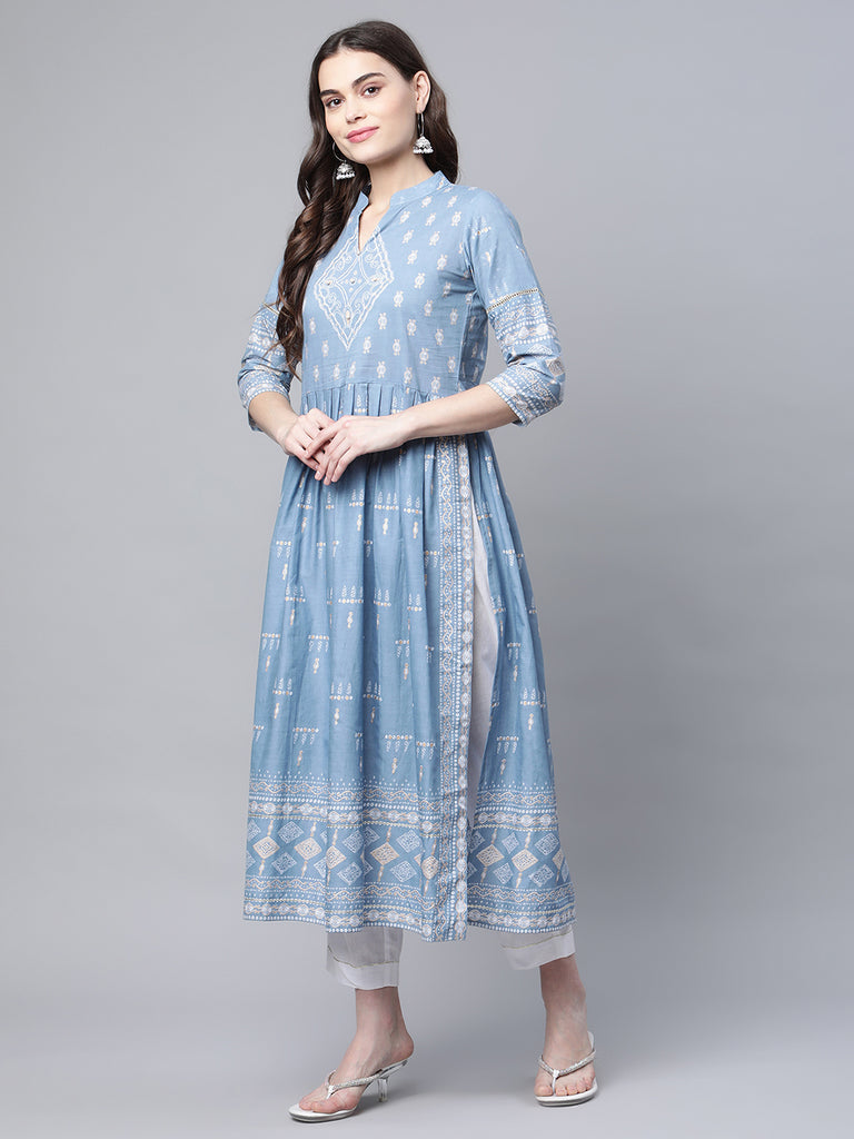 Women's Pastel Blue Printed Kurta Pant Set With Dupatta
