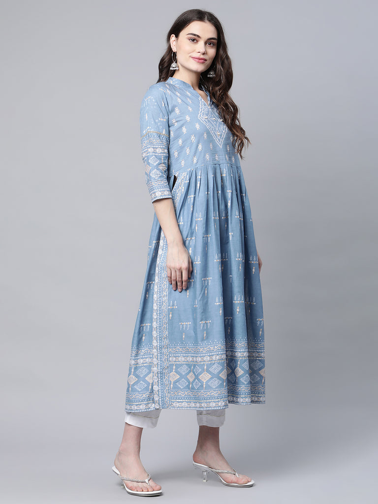Women's Pastel Blue Printed Kurta Pant Set With Dupatta