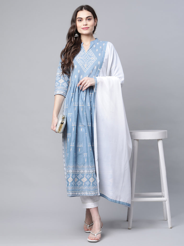Women's Pastel Blue Printed Kurta Pant Set With Dupatta