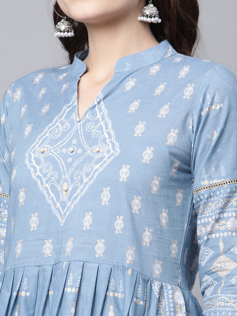 Women's Pastel Blue Printed Kurta Pant Set With Dupatta