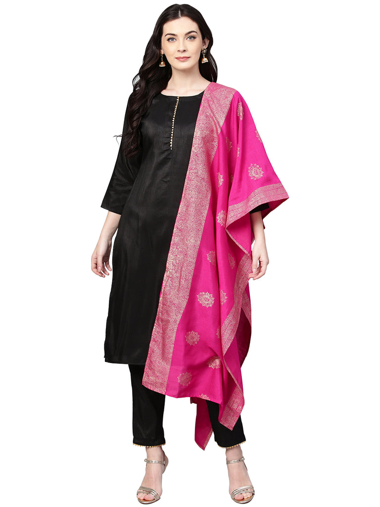 Women's Black With Bright Pink Kurta Set