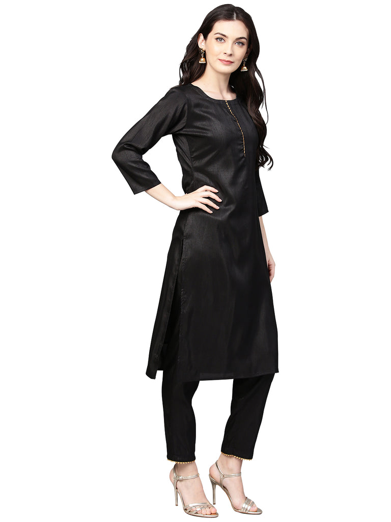 Women's Black With Bright Pink Kurta Set