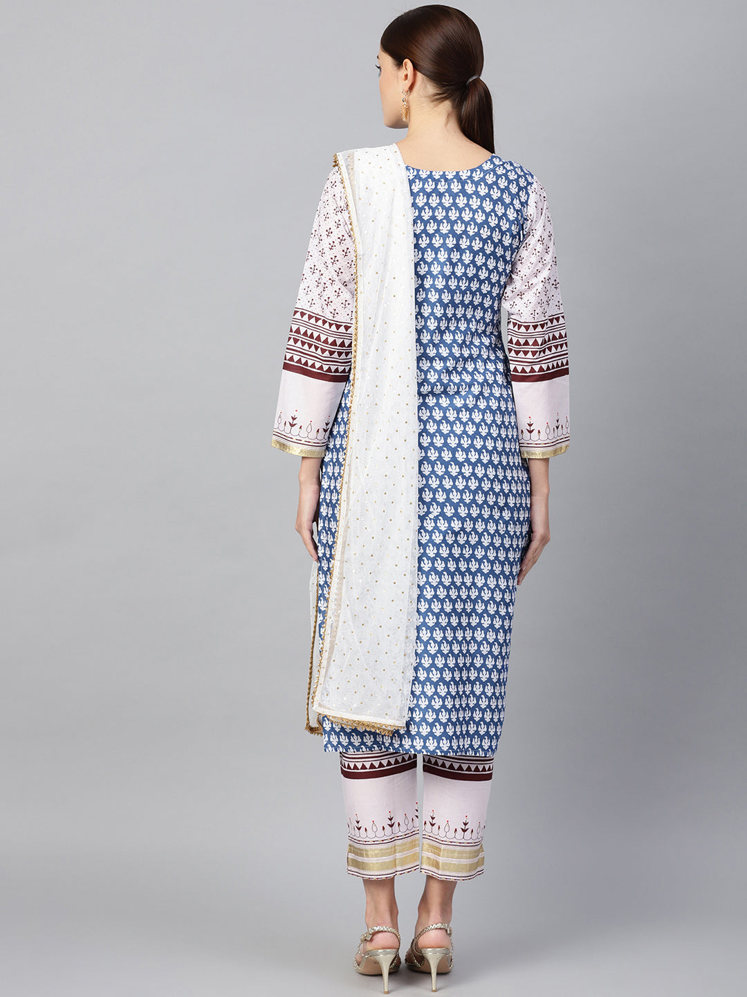 Women's White And Blue Cotton Straight Printed Kurta Sets  - Ahalyaa