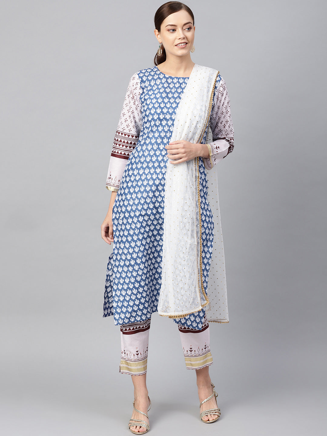 Women's White And Blue Cotton Straight Printed Kurta Sets  - Ahalyaa