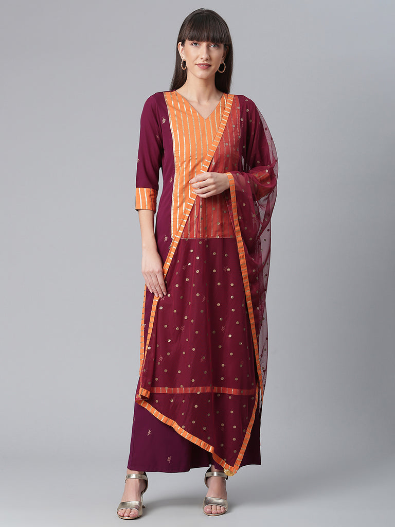 Women's Crepe Wine Kurta With Pant And Dupatta