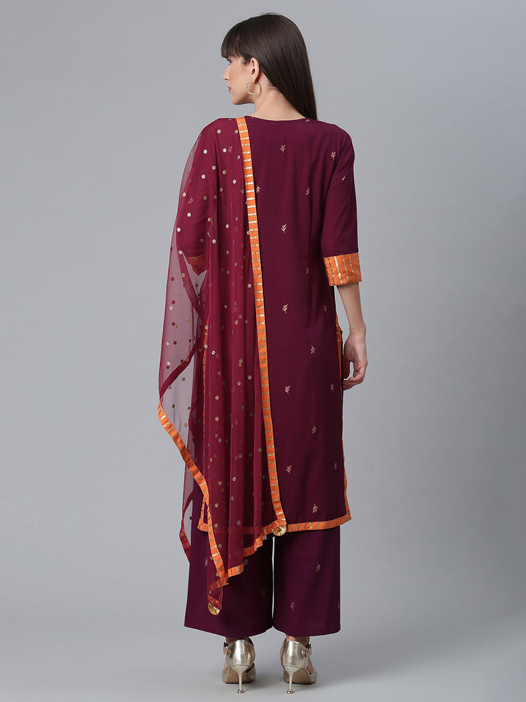 Women's Crepe Wine Kurta With Pant And Dupatta