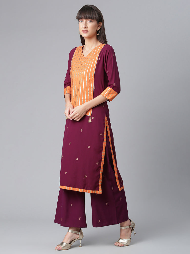 Women's Crepe Wine Kurta With Pant And Dupatta