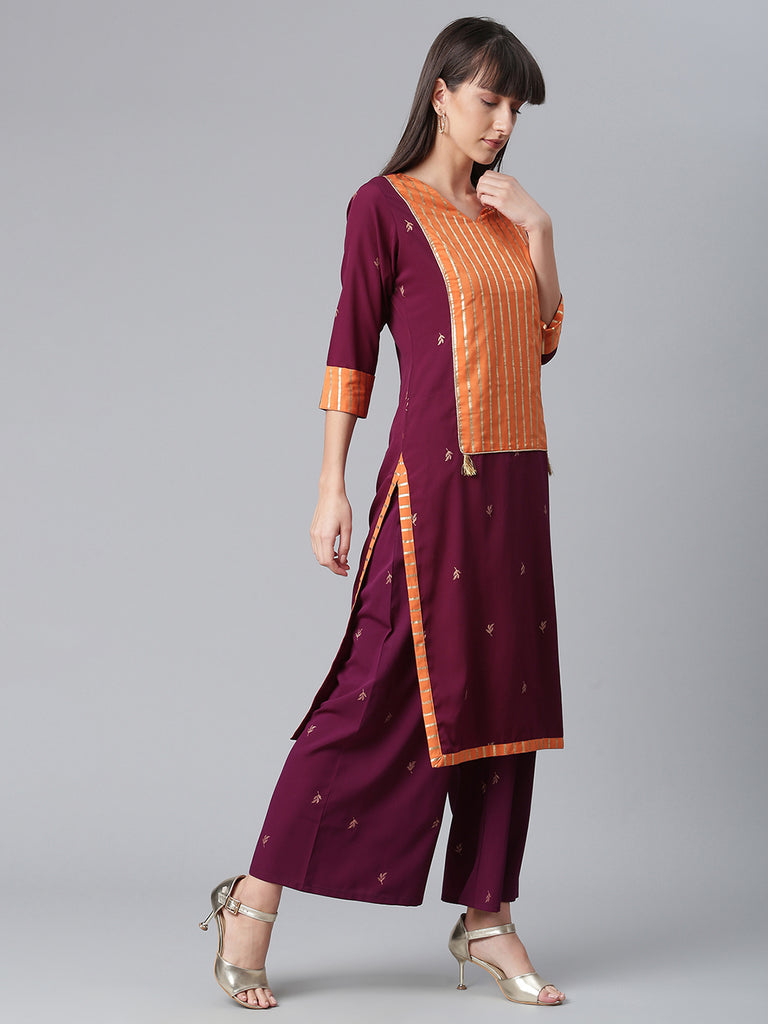 Women's Crepe Wine Kurta With Pant And Dupatta