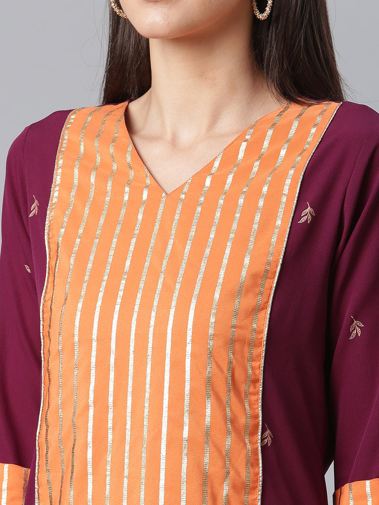 Women's Crepe Wine Kurta With Pant And Dupatta