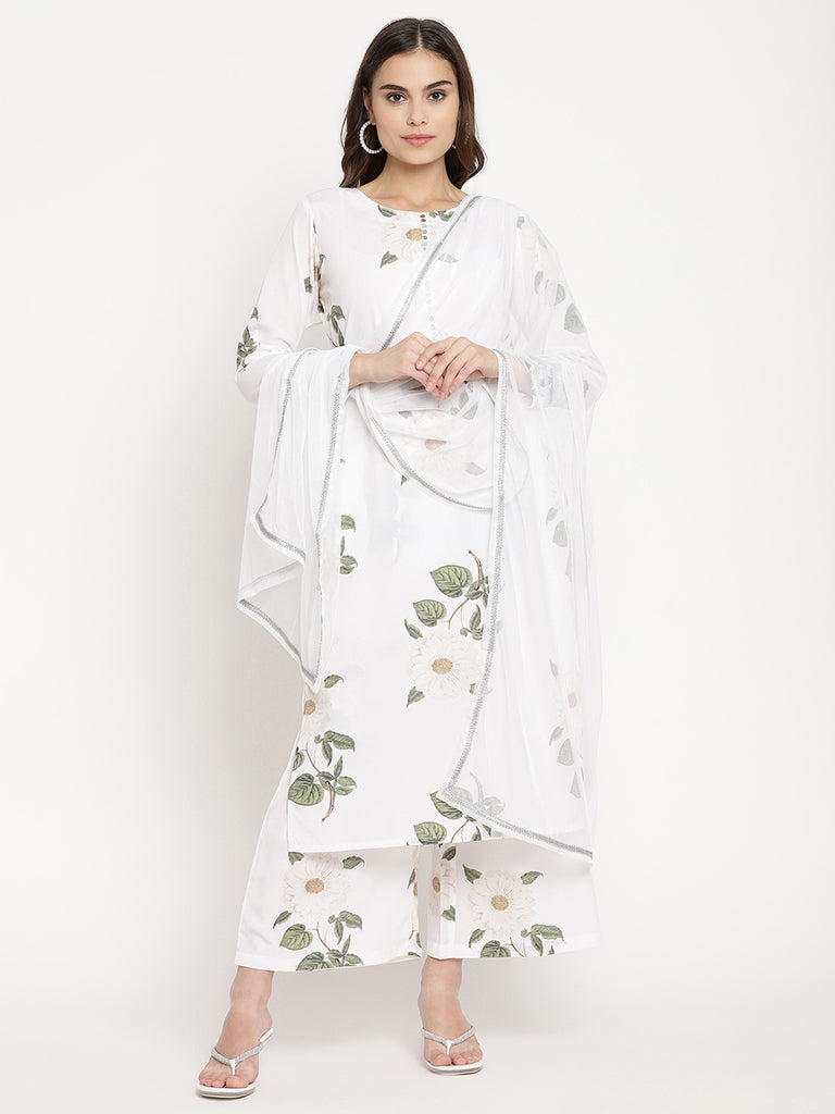 Women's White Crepe Digital Print Kurta Palazzo Set With Dupatt