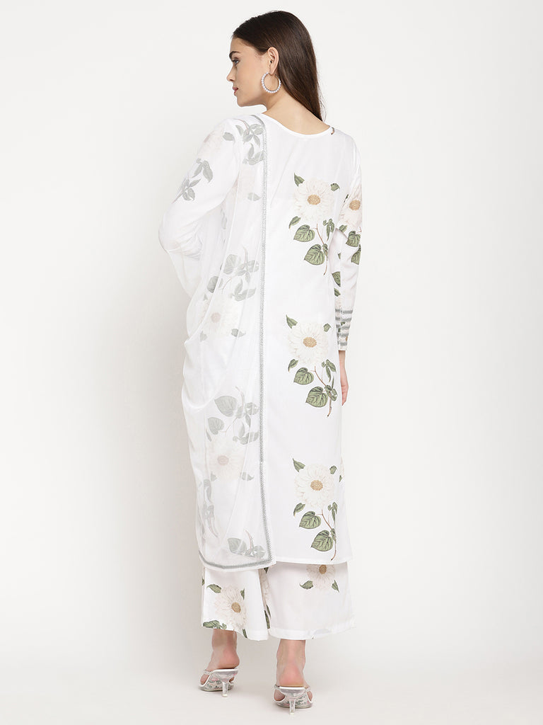 Women's White Crepe Digital Print Kurta Palazzo Set With Dupatt