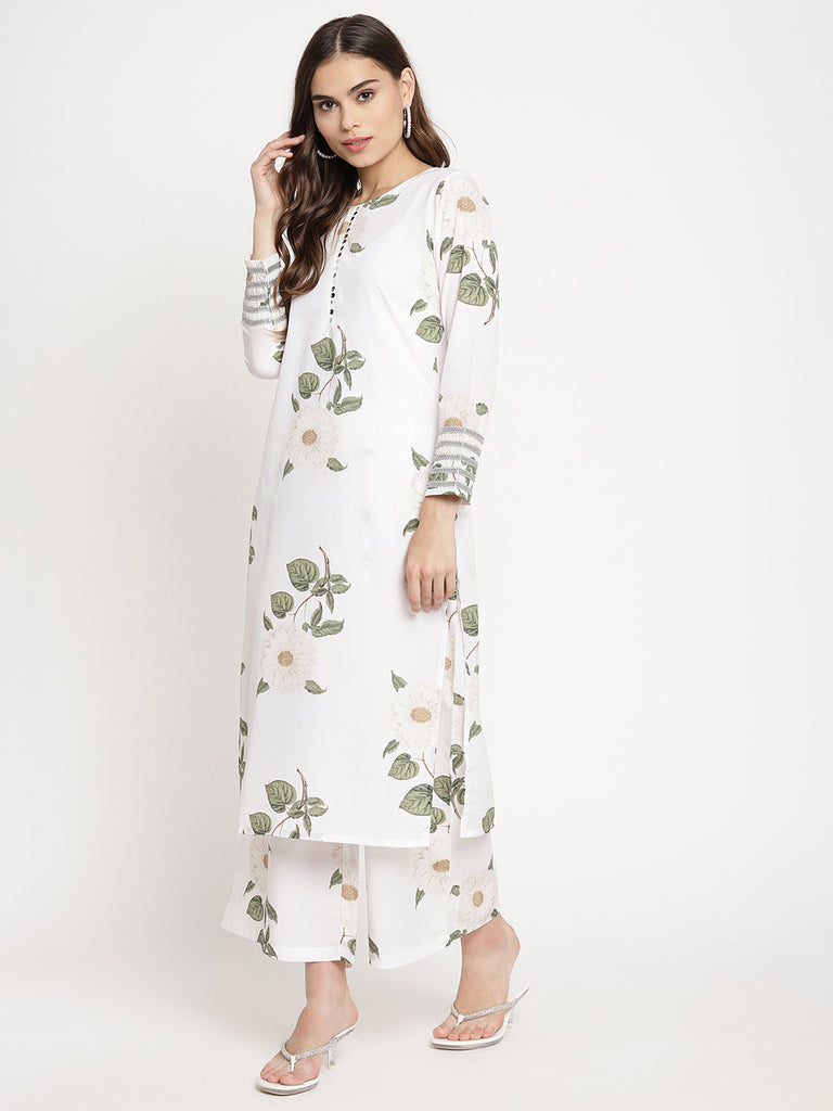 Women's White Crepe Digital Print Kurta Palazzo Set With Dupatt