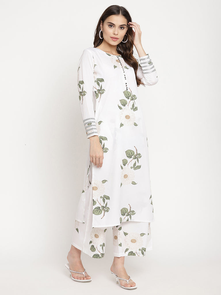 Women's White Crepe Digital Print Kurta Palazzo Set With Dupatt