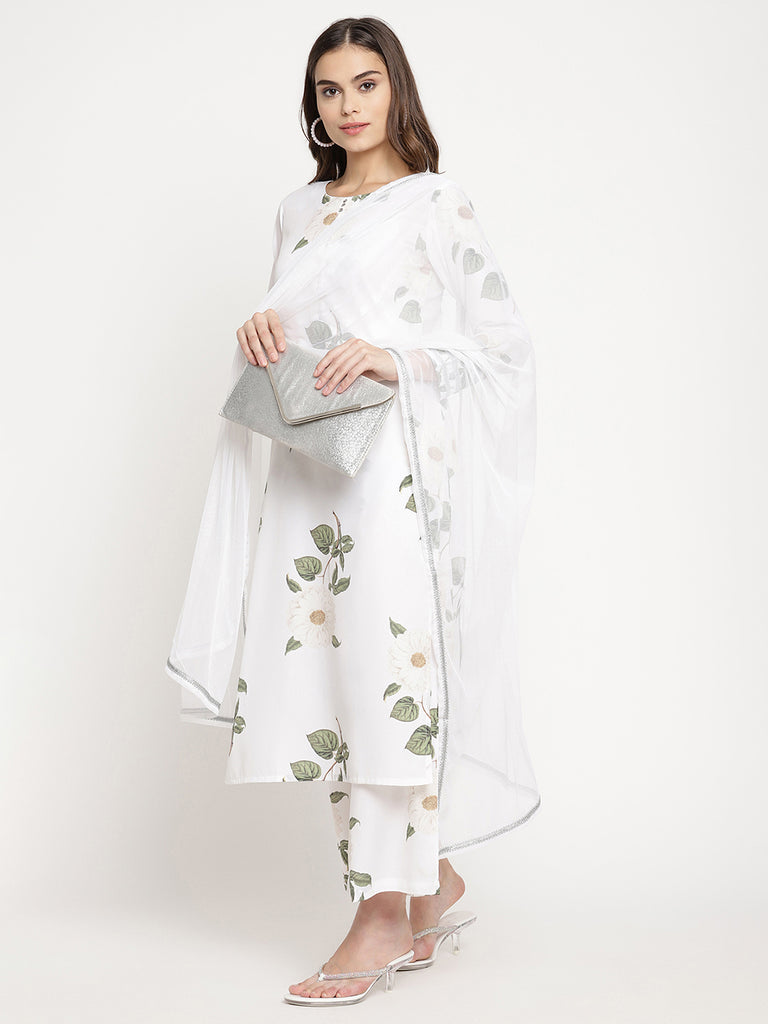 Women's White Crepe Digital Print Kurta Palazzo Set With Dupatt