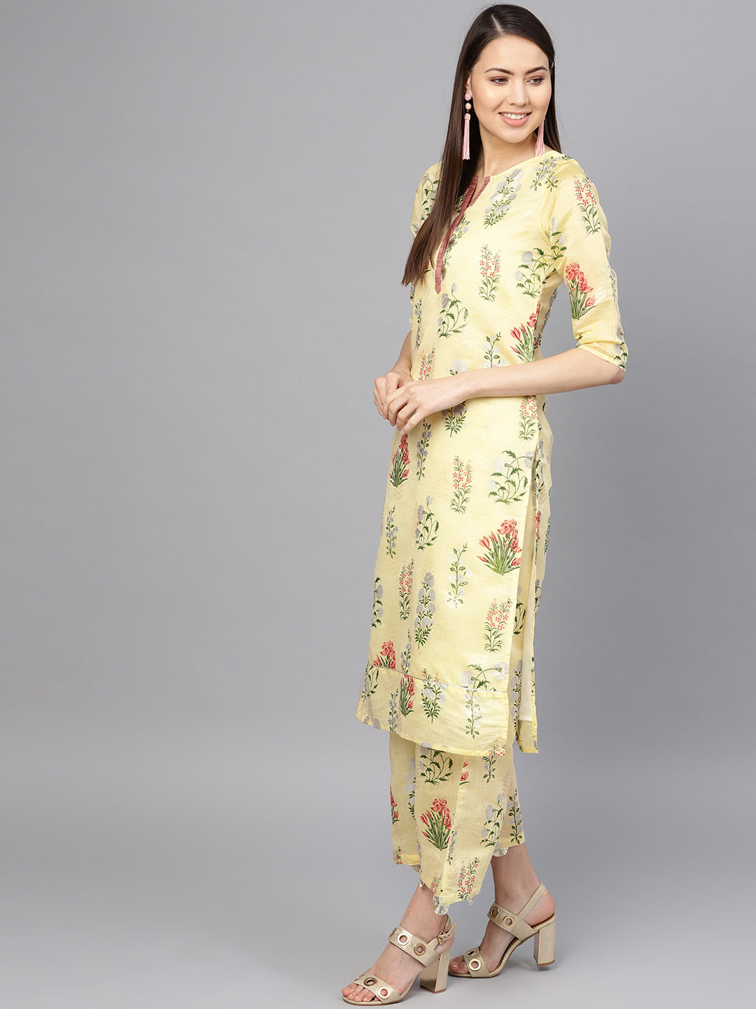 Women's  Yellow Printed Kurta With Skirt - Ahalyaa
