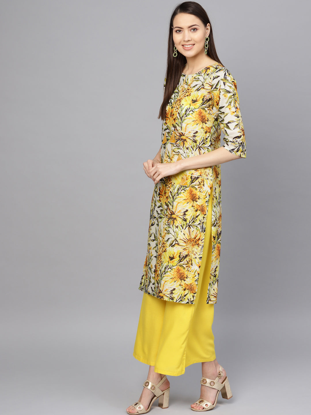 Women's Yellow Printed Kurta Set  - Ahalyaa