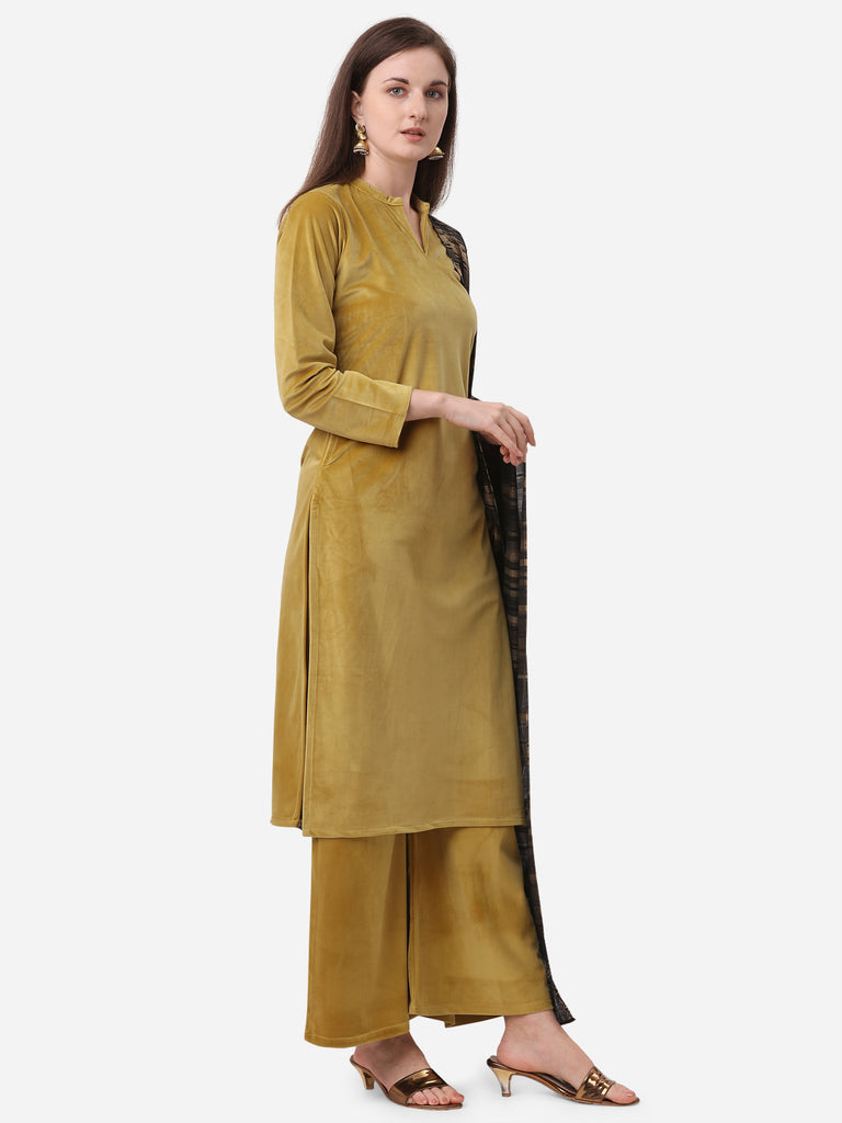 Women's Mustard Plain Velvet Kurta With Palazz