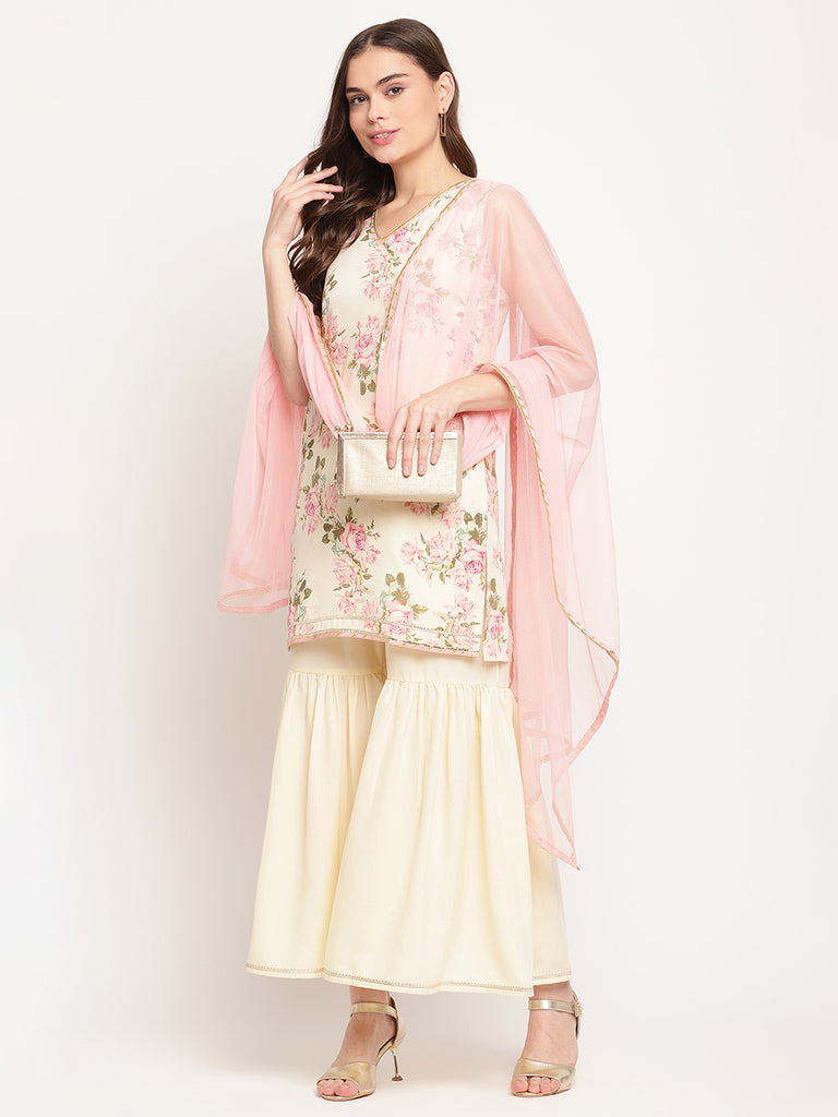 Women's Beige Crepe Digital Floral Print Kurta Sharara Set With Dupatta