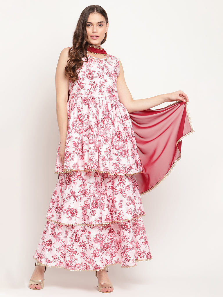 Women's Pink Rayon Digital Floral Print Kurta Sharara Set With Dupatta