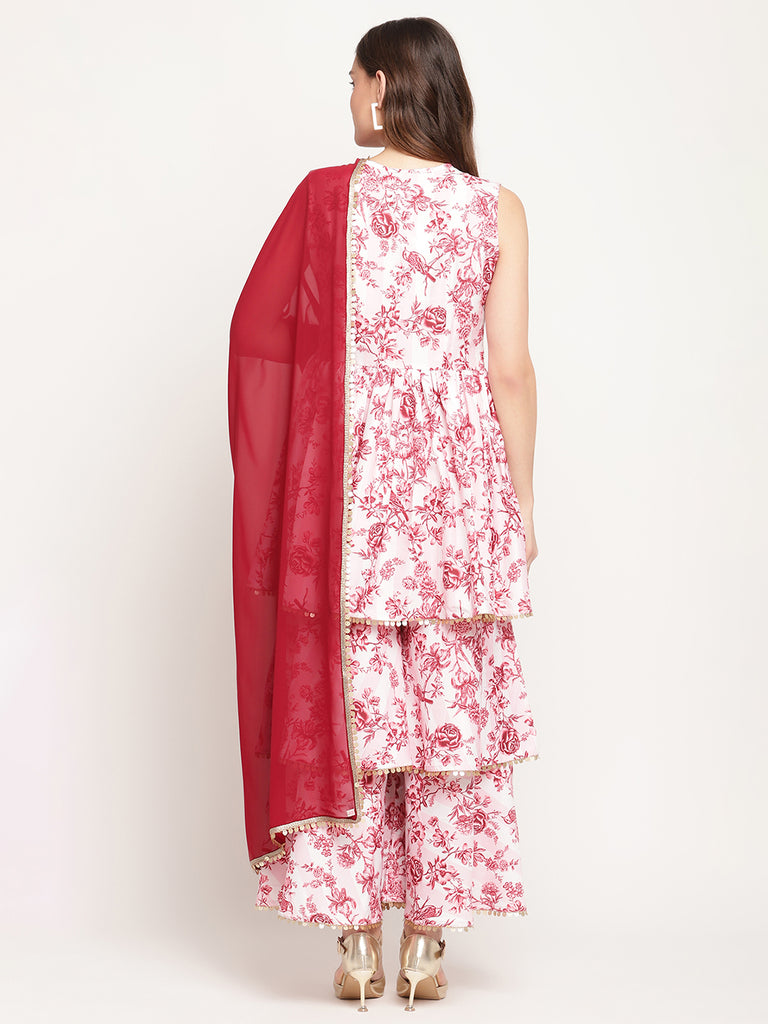Women's Pink Rayon Digital Floral Print Kurta Sharara Set With Dupatta