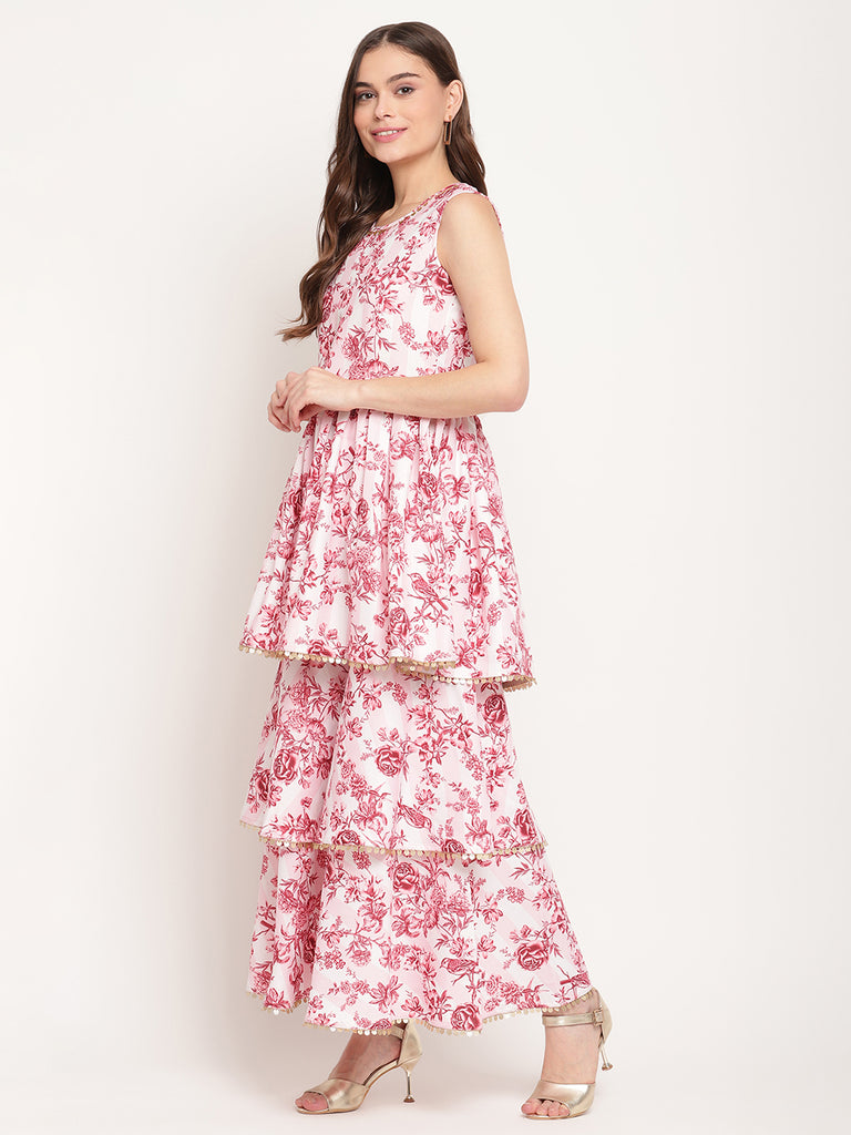 Women's Pink Rayon Digital Floral Print Kurta Sharara Set With Dupatta