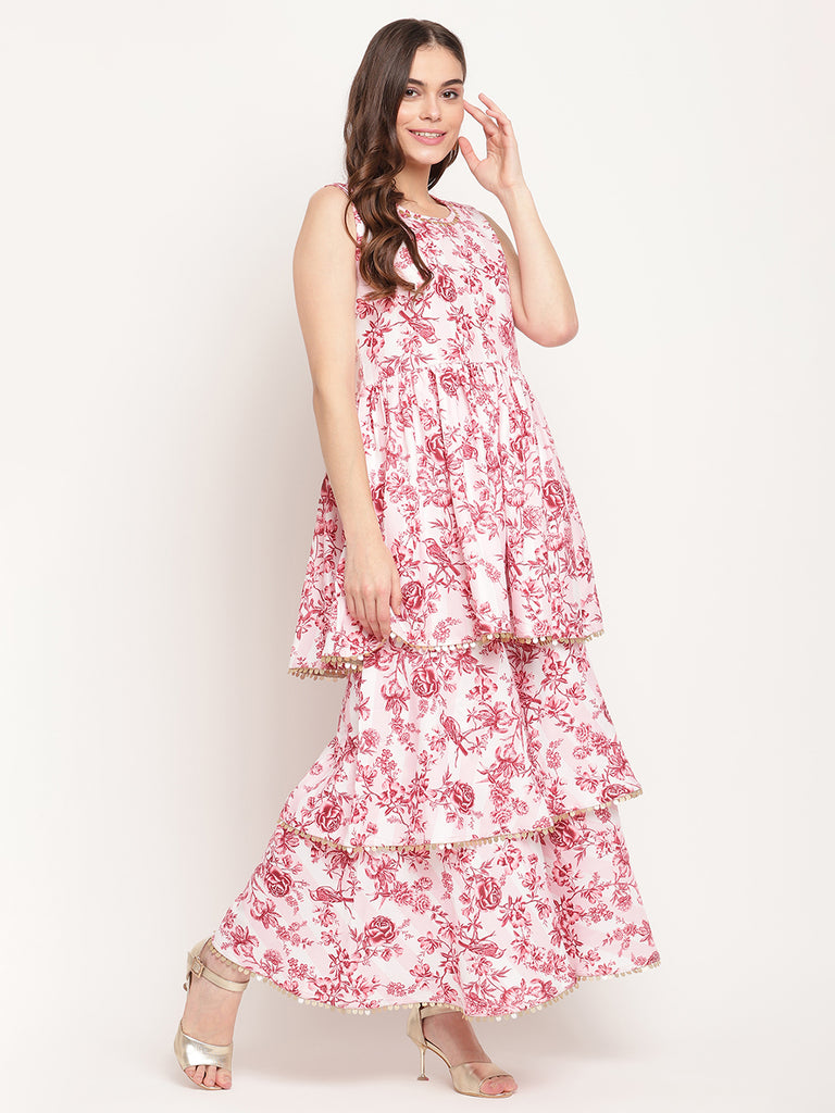 Women's Pink Rayon Digital Floral Print Kurta Sharara Set With Dupatta