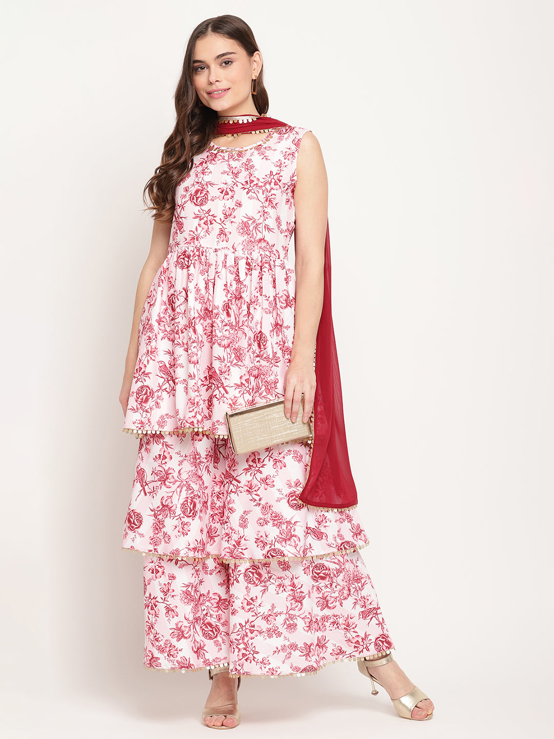 Women's Pink Rayon Digital Floral Print Kurta Sharara Set With Dupatta - Ahalyaa