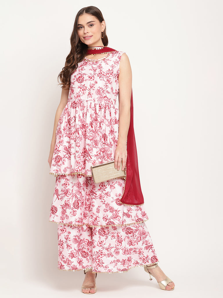 Women's Pink Rayon Digital Floral Print Kurta Sharara Set With Dupatta