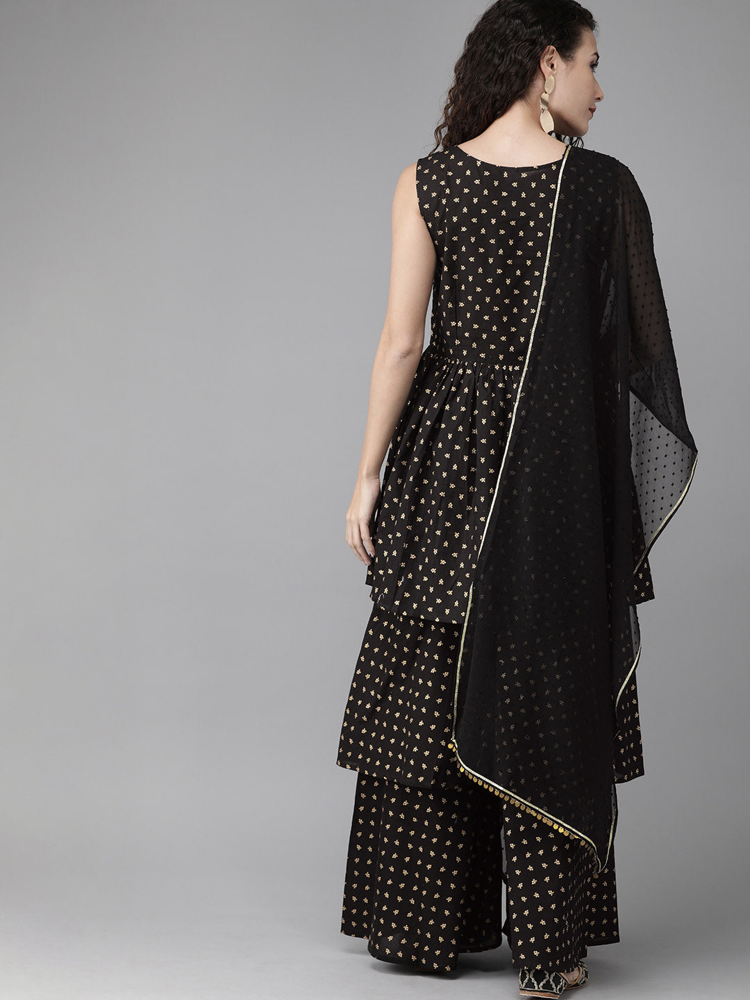 Women's  Black Cotton Gold Print Kurta Sharara Set With Dupatta- Ahalyaa
