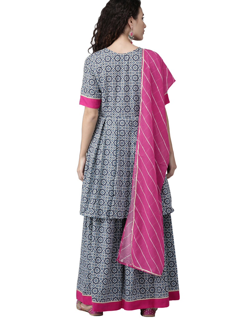 Women's  Printed Blue Kurta Set