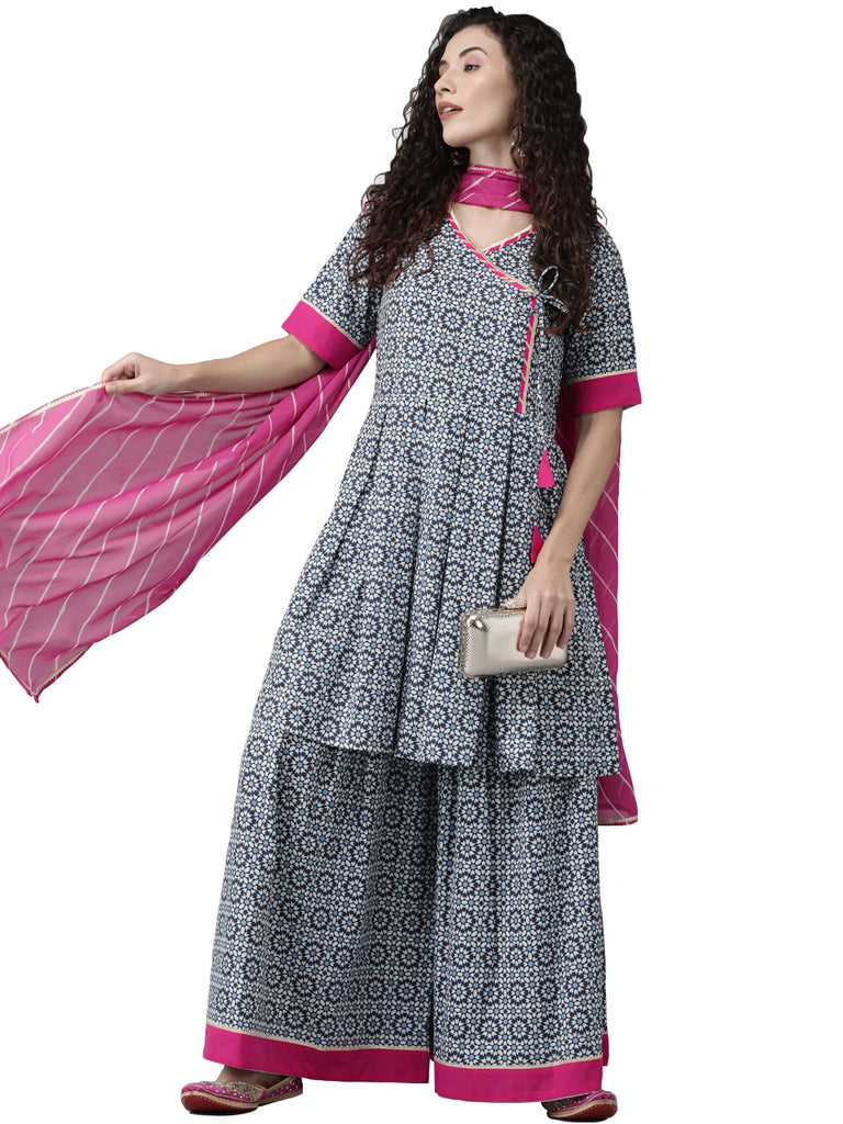 Women's  Printed Blue Kurta Set