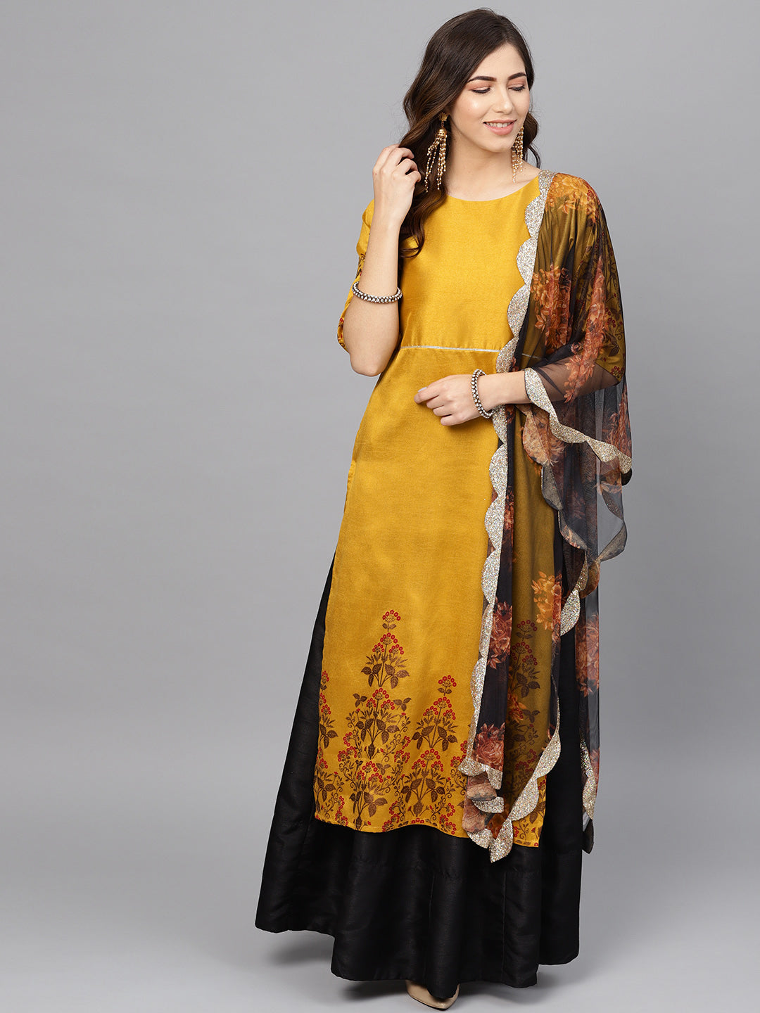 Women's Mustard Poly Silk Printed Kurta Skirt Set With Dupatta- Ahalyaa