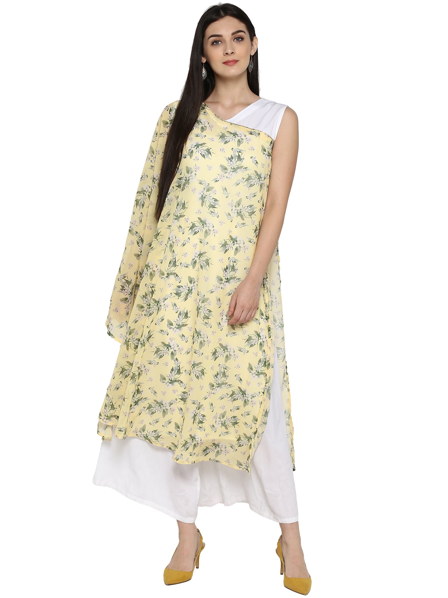 Women's Yellow & White Floral Georgette Only Kurta - Ahalyaa